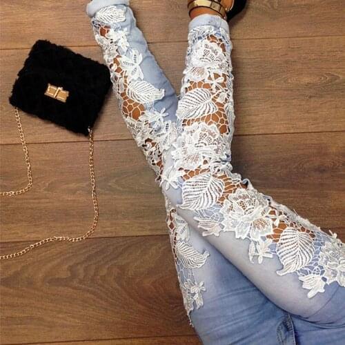 Plus Size Pantalon Femme Lace Floral Side Spliced Stretch Denim Trousers Hollow Out Slim Pencil Pants Women Jeans Femme HO666966