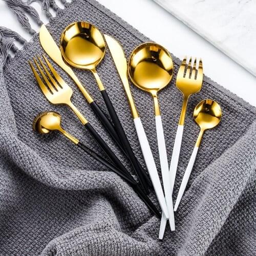 1Set Stainless Steel Black Gold Cutlery Set Dinnerware Silverware Flatware Set Dinner Knife Fork Spoon Dinnerware Flatware Set