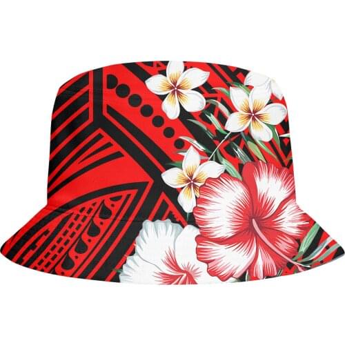2021 Custom red and black print hibiscus unisex Bucket Hats design 3D logo Polynesian Fisherman hats outdoor leisure sun hat