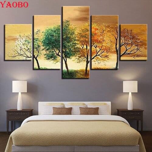 DIY Diamond Painting 5 Panels Four Seasons Tree Landscape Diamond Embroidery Cross Stitch Rhinestone Pictures Diamond Mosaic Kit