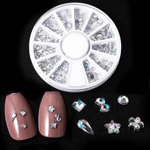 White AB Rhinestone for Nail Glitter 6 Mixed Shape Wheel Diamond Waterdrop Blossom Decor Accessory Nail Art Jewelry Stone DIY