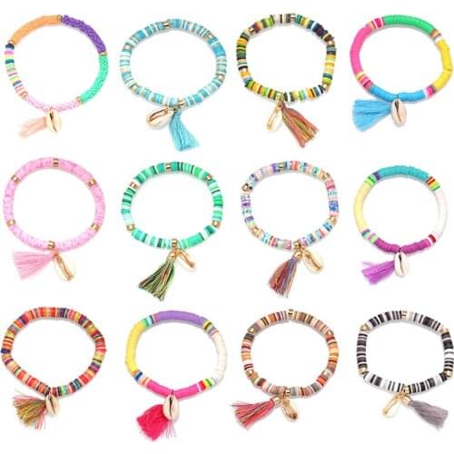 Boho Multicolored Polymer Clay Heishi Beads Cowrie Seashell Pendant Stretch Bracelet Women 2020 New Fashion Bay Summer Jewelry