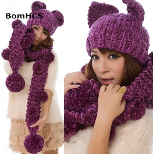 BomHCS Cute Very Warm Womens Winter Handmade Knitted Cat Ears Hat Beanie & Scarf with Pom