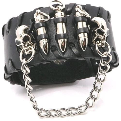 1PCS Black PU Leather Cool Bracelet Punk Bullet Wristband Adjustable Mens Skull Metal Chain Bracelet Jewelry Biker Rock Gothic