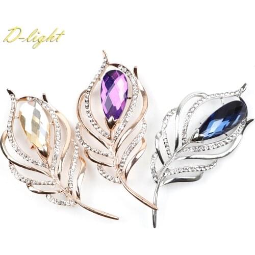 Hot Elegant Shining Zircon Feather Brooches Purple Blue Jewelry Pin Alloy Men Women Lapel Collar Sweater Gift Accessory 3 Colors
