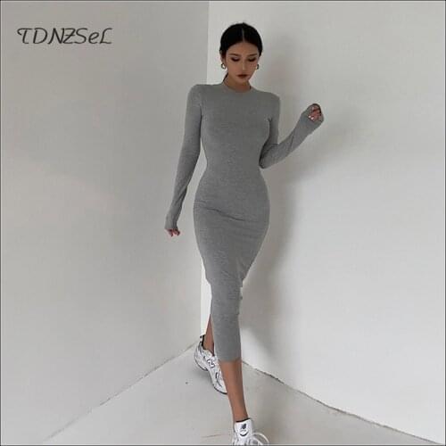 Autumn Modal Soft Round Neck Dress Long Women Sexy Skinny Hip Lift Bodycon Dresses Slim Lady Stretch Clubwear Black Spring New