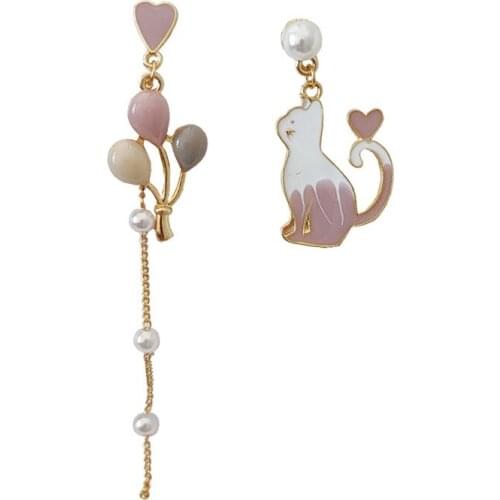 Korean Version of S925 Needle Cute Cat Asymmetrical Balloon Earrings Love Drop Earrings Pearl Tassel Earrings Female