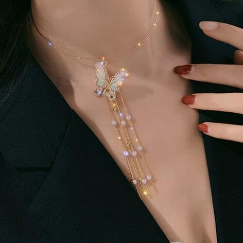 Korean lady lovely butterfly necklace, imitation pearl necklace, tassel necklace, charming style, romantic lady banquet collar