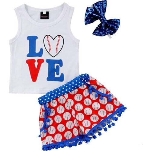 Ins Baby Girls summer American Indepandence day set baseball pompom sequin outft 4th of july Children clothes AG19018