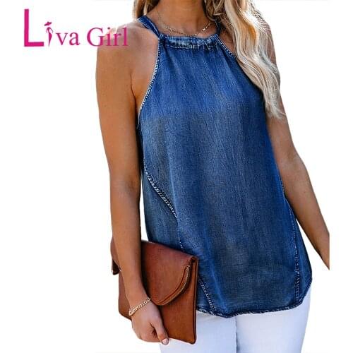 LIVA GIRL Woman Casual Halter Neck Denim Tank Top 2021 Summer Solid Sleeveless Tops Female Plus Size Sexy Hollow Out Clothes 2XL