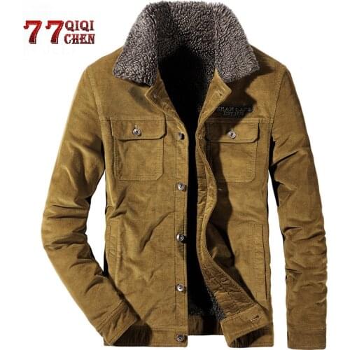 Mens Jackets Winter Corduroy Thicken Fleece jacket Coat Fur Collar Military Bomber pilot Jacket Chaqueta hombre Plus Size 4XL