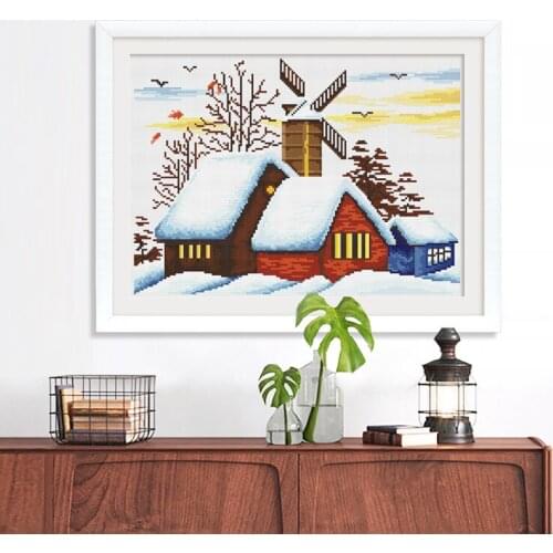 Cross stich embroidery set European winter snow scene windmill wooden house scenery living room room decoration painting
