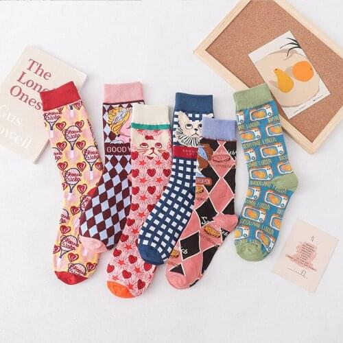 Harajuku Cartoon Painting Cat Hearts Socks for Women Spring Autumn Sock Cotton Breathable Comfortable Short Socks calcetines
