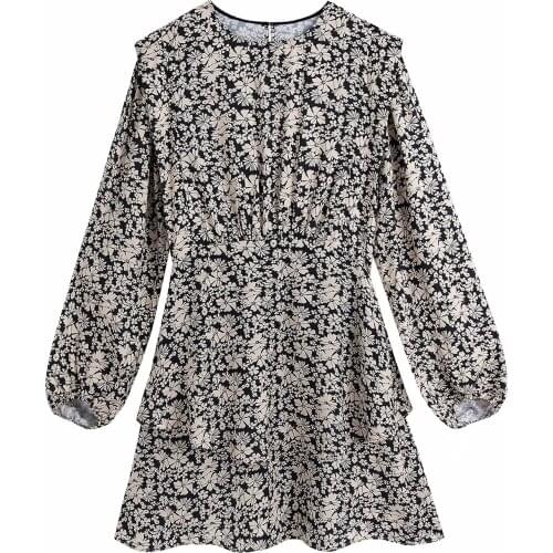 New Pop Women Vintage Printed Dress Long Sleeves Short Dress Elegant Chic Lady Vogue Woman Dresses