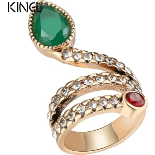Kinel New Arrivals Antique Ring Gold Color Inlaid Water Drop Green Stone Vintage Wedding Rings For Women Jewelry