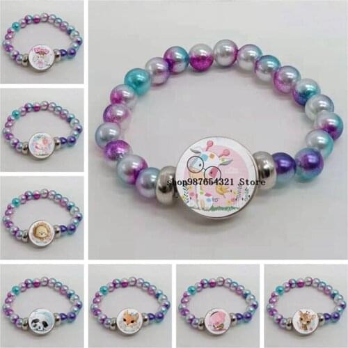New cute cartoon giraffe elephant lion childrens bracelet convex round glass cute animal bracelet colorful bead bracelet