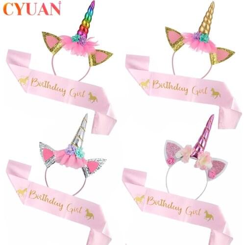 Birthday Unicorn Headband with Sash Baby Shower Girl 1st One Year Birthday Party Decorations Unicorn Party Supplies Baby Shower