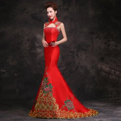 Bride Traditional Chinese Wedding Qipao Red Mermaid Evening Dress Long Embroidery Cheongsam Sexy Vestido Oriental Style Dresses