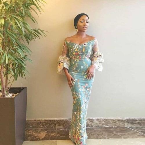 Saudi Arabia Mix Embroidery Evening Dress Aso Ebi 3/4 Long Sleeve Mermaid Evening Gowns South African Nigerian Prom Party Dress