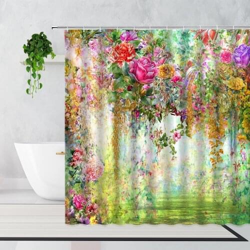 Pastoral Style Shower Curtain Color Abstract Hand-Painted Flowers Home Decoration Background Waterproof Bathtub Screen With Hook