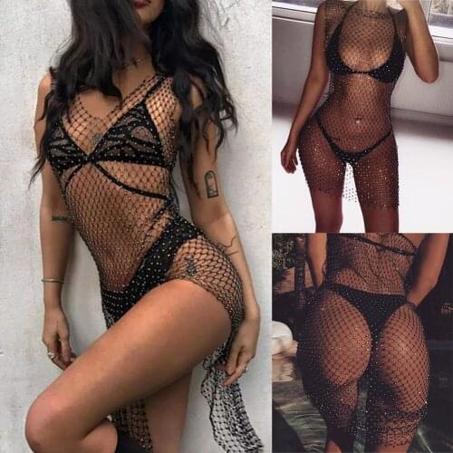 Women Hot Bikini Cover Up Dress Mesh Fishnet Hollow Out Diamond Swimsuit Swimwear Dresses