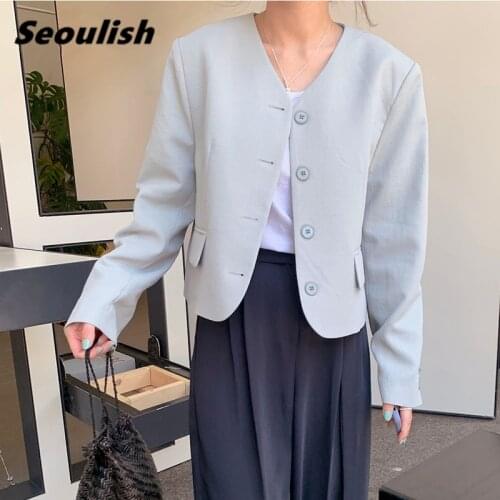 Seoulish Spring Autumn V-Neck Slim Womens Short Blazer 2021 New Solid Elegant Long Sleeve Office Lady Casual Outwear Jacket