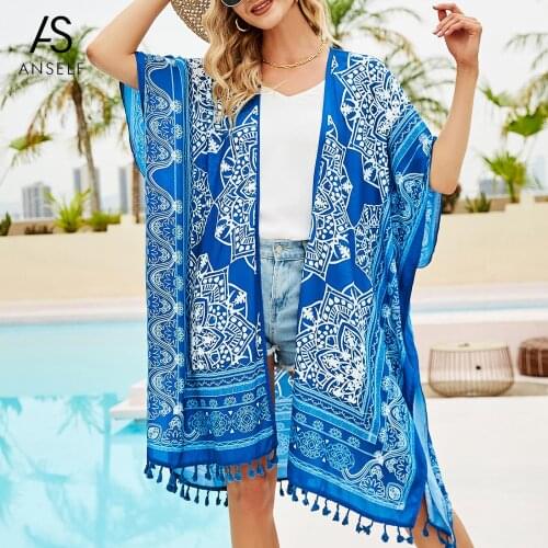 Anself Women Summer Cardigan Kimono Boho Floral Print Fashion Tassels Split Hem Loose Beach Swimsuits Bikini Cover Ups Femme