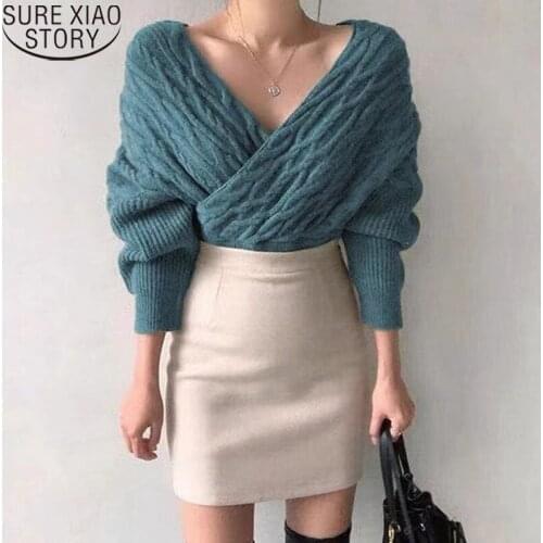 2021 Autumn New Women Sweaters Long Sleeve Casual Tops Sexy Cross V-neck Sweater Woman Korean Slim Bottoming Knitwear 16534