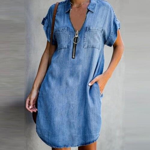 Spring Turn-down Collar Zipper Denim Dress Women Casual Button Solid Irregular Party Dress Summer Short Sleeve Pocket Mini Dress