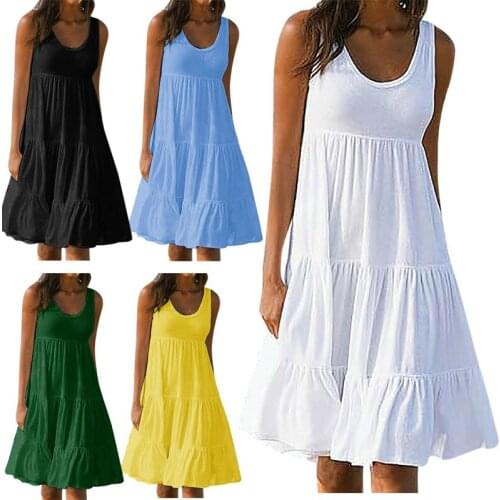 Womens 2021 summer new short skirt vest style sleeveless round neck solid color drape stitching beach skirt dress