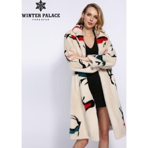 WINTER PALACE 2019 New Winter Long Mink Coat Suit Collar Print Deer Pattern Real Fur Coat Warm And Windproof Mink Fur Coat