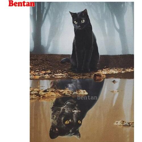 DIY Diamond Embroidery Black cat leopard reflection animal modern Full Square round Diamond Painting Cross Stitch Diamond Mosaic