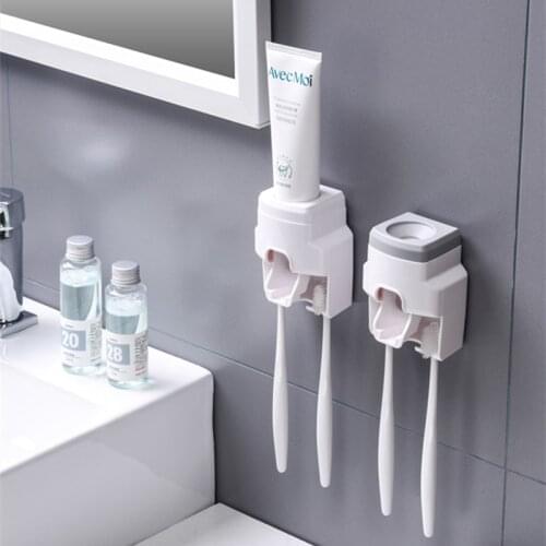 Adhesive automatic toothpaste squeezer set, wall-mounted toothpaste holder, toothbrush rack, wall suction toothpaste squeezer