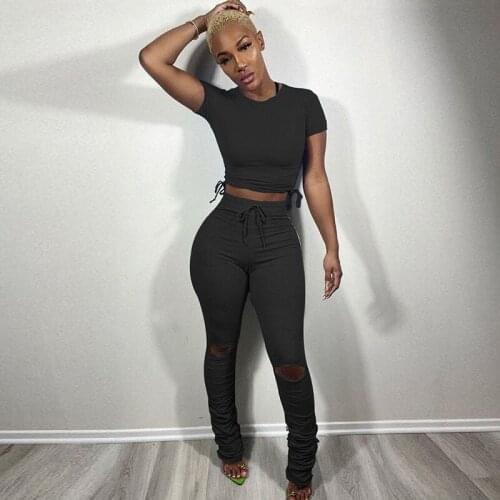 TNNAOFF Hole Stacked High Waist Flare Pants for Women Sexy Elastic Bodycon Bandage Sweatpants Joggers Streetwear Club Trousers