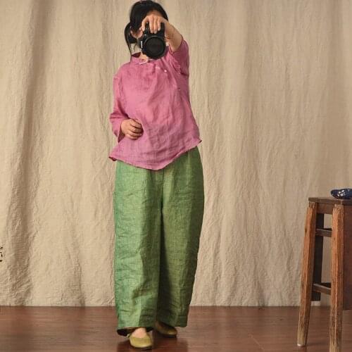 Retro Women Causal Pants Big Size 2021 Summer Spring Cotton Linen Loose Solid Color Elastic Waist Korean Fashion Wide Leg Pants