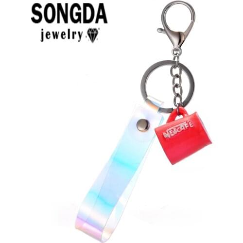 SONGDA Simulation Coffee Cup Creative Design Key Chain Discoloration Laser Lanyard for Man Women Jewelry Fashion Pendant Gifts