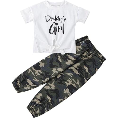Children Outfit 2021 Summer Kids Clothes Baby Girl Clothing Daddys Girl Letter Printed T Shirt and Camouflage Pants 2 Packs Set