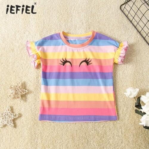 Toddler Kids Girls Rainbow T-shirt Summer Cute Baby Girl Clothes Cotton Short Sleeve Colorful Stripe T Shirt Party Clothing Tops