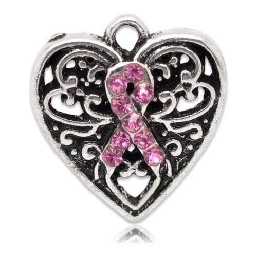 DoreenBeads Retail Silver Color Pink Rhinestone Ribbon Awareness Heart Charm Pendants 16x14mm,sold per pack of 20