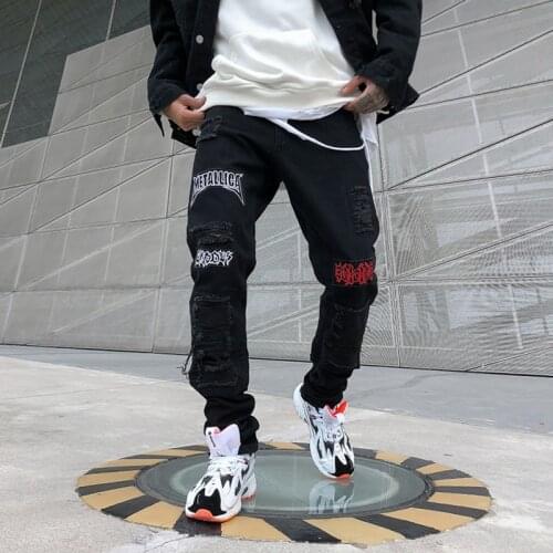 Jeans Homme Men Fad New Korean Hole Loose Straight Streetwear Hip Hop Personality Print Pencil Pants Ripped Jeans for Men