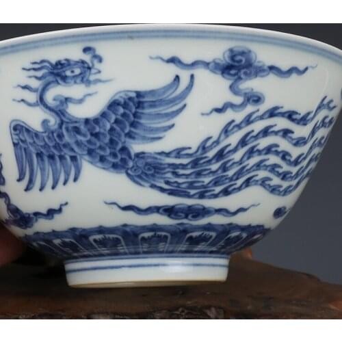 Rare MingDynasty porcelain bowl, Blue and white,Dragon&pheniox,Lotus pond,Hand-painted crafts,Collection&Adornment,Free shipping