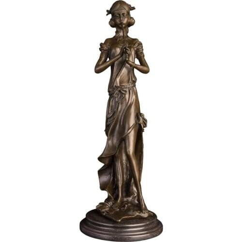 Pretty Female with long Flute Statue Bronze Female Music Sculpture Figurine Art Home Decoration