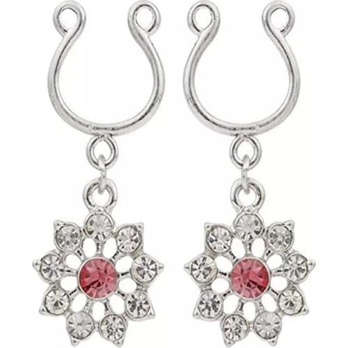 Fashion new red\blue\pink Flower Non pierced Clip On Nipple Ring Women Nipple Crystal Fake Nipple Dangle Adjustable Body Jewelry