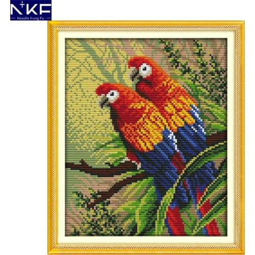 NKF Two Parrots Cross Stitch Sets Handmade Craft Painting Needlework Embroidery Kit Animal Cross Stitch Pattern for Home Decor