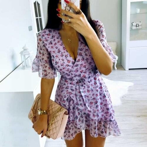 Wrap Summer Dress In Lilac Floral Purple Sexy Women Dress V-neck Ruffle Party Dress Super Chic Dress Female