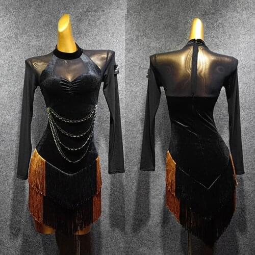 Latin Dance Dress Mesh Long Sleeved Dresses Latin Fringed Skirt Salsa Rumba Cha Cha Samba Tango Competition Performance DN4743
