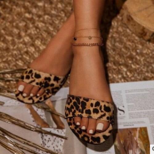 Women Summer Slip on Black Flat Slippers Woman Casual Outdoor Slides Shoes Open-toed Leopard Print Large Size 35-43 Sandals