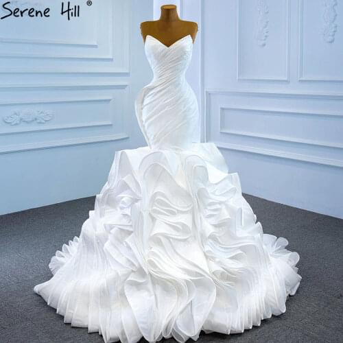 Serene Hill White Mermaid Flowers Wedding Dresses Gowns 2021 Satin High-end Elegant Sexy Bride Dress HM67221 Custom Made
