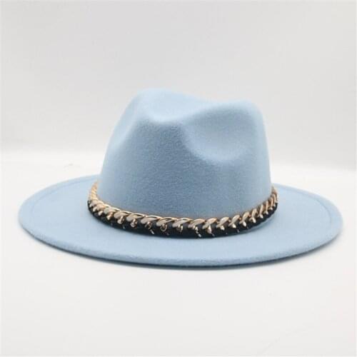 Spring Women Men Wool Fedora Hat With Gold chain Ribbon Wide Brim Jazz Church Panama Sombrero Cap For Gentleman Elegant Lady
