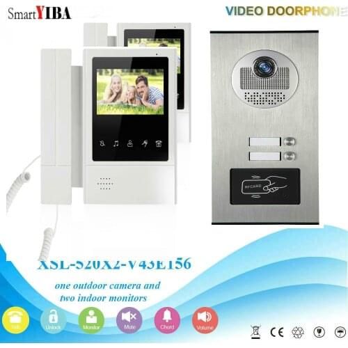 SmartYIBA 2 Units 4.3"Color Video Door Phone Intercom Kit Multi Apartment Building Video Intercom System+1 RFID Access Camera